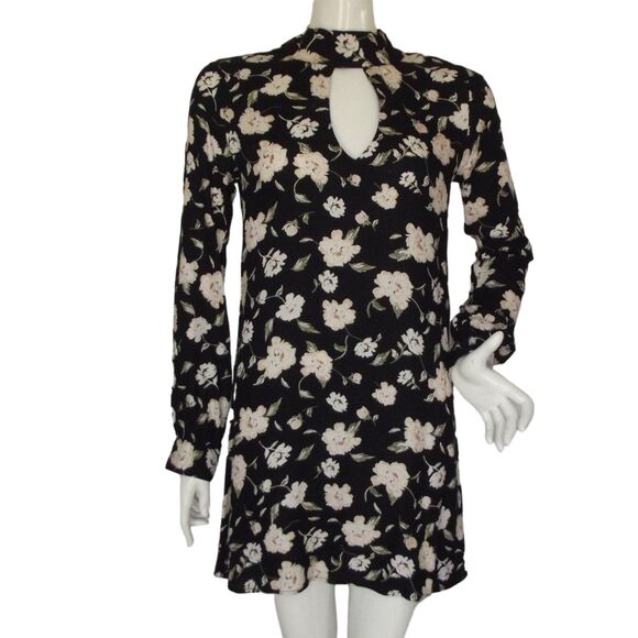 ELAN Mini Dress, S, Black/Off-White Floral, Long sleeves, Choker/Keyhole - Picture 14 of 14